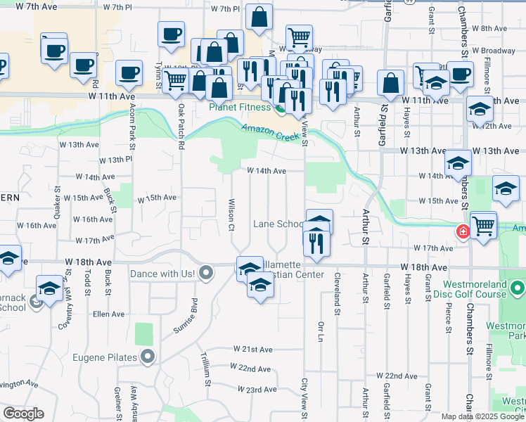 map of restaurants, bars, coffee shops, grocery stores, and more near 1556 McKinley Court in Eugene