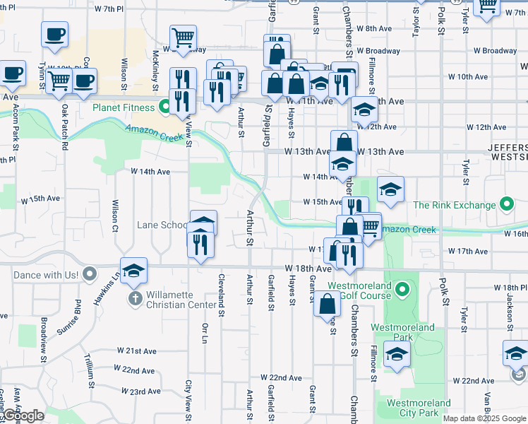 map of restaurants, bars, coffee shops, grocery stores, and more near 1569 Garfield Place in Eugene