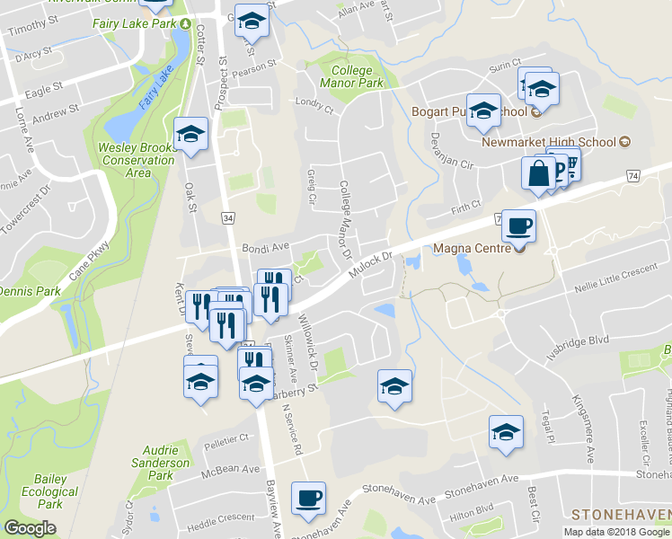 map of restaurants, bars, coffee shops, grocery stores, and more near 529 Rourke Place in Newmarket