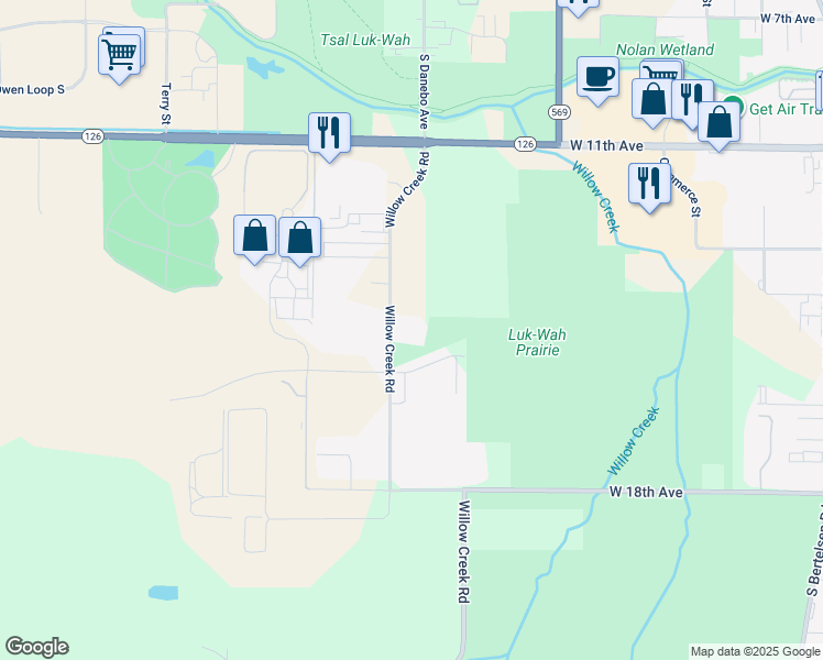 map of restaurants, bars, coffee shops, grocery stores, and more near 29840 Willow Creek Road in Eugene
