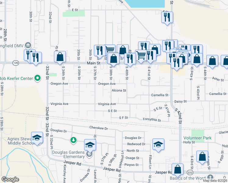 map of restaurants, bars, coffee shops, grocery stores, and more near 3819 Alcona Street in Springfield
