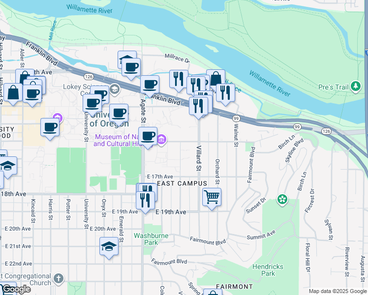 map of restaurants, bars, coffee shops, grocery stores, and more near 1533 Moss Street in Eugene