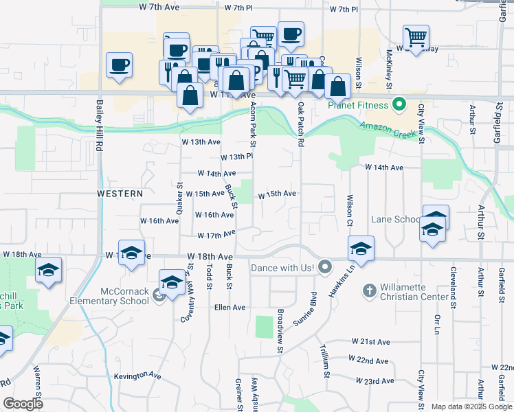 map of restaurants, bars, coffee shops, grocery stores, and more near 1565 Acorn Park Street in Eugene