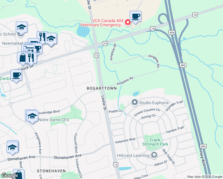 map of restaurants, bars, coffee shops, grocery stores, and more near 1201 Kingdale Road in Newmarket