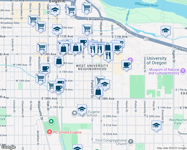 map of restaurants, bars, coffee shops, grocery stores, and more near 1525 Patterson Street in Eugene
