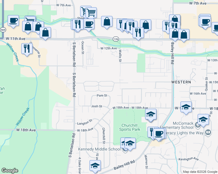 map of restaurants, bars, coffee shops, grocery stores, and more near 1415 South Bertelsen Road in Eugene