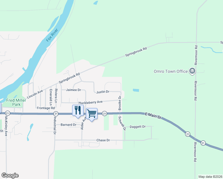 map of restaurants, bars, coffee shops, grocery stores, and more near 1927 Justin Drive in Omro