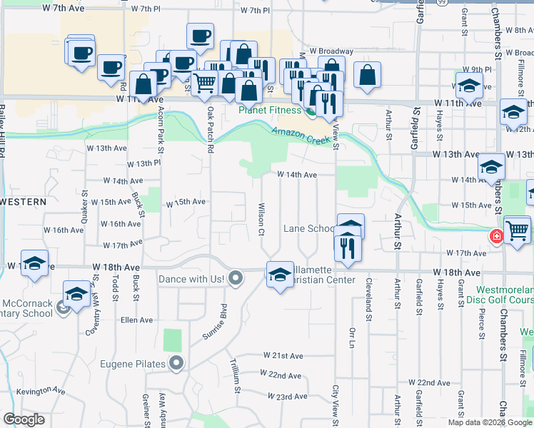 map of restaurants, bars, coffee shops, grocery stores, and more near 1557 Wilson Court in Eugene