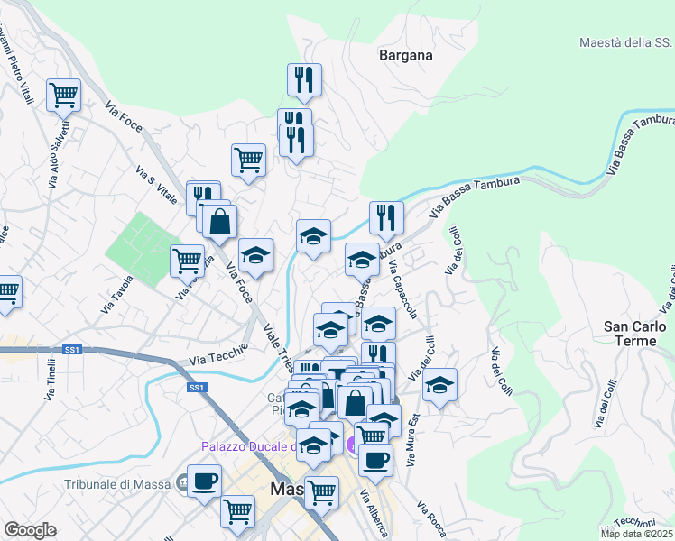 map of restaurants, bars, coffee shops, grocery stores, and more near 134 Via Felice Cavallotti in Massa