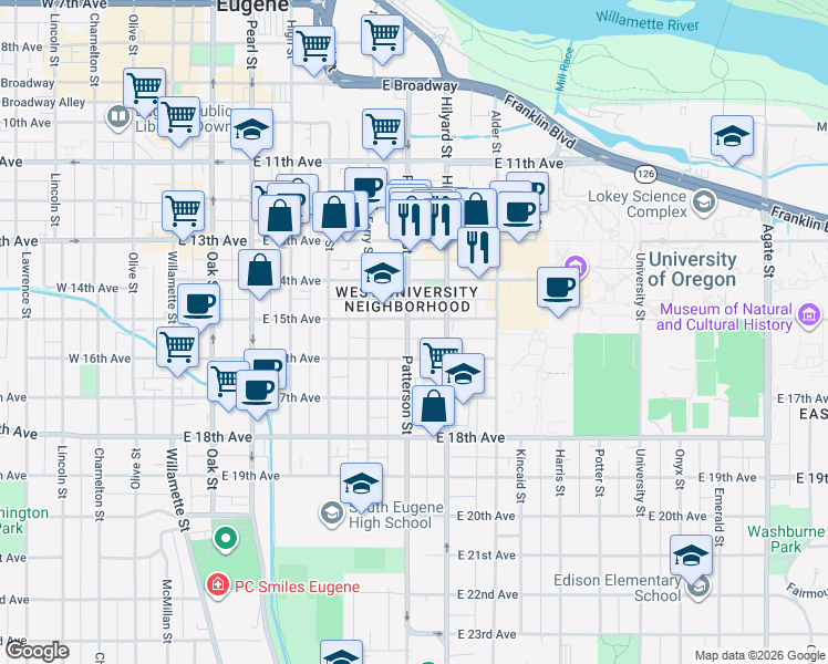 map of restaurants, bars, coffee shops, grocery stores, and more near 1523 Patterson Street in Eugene