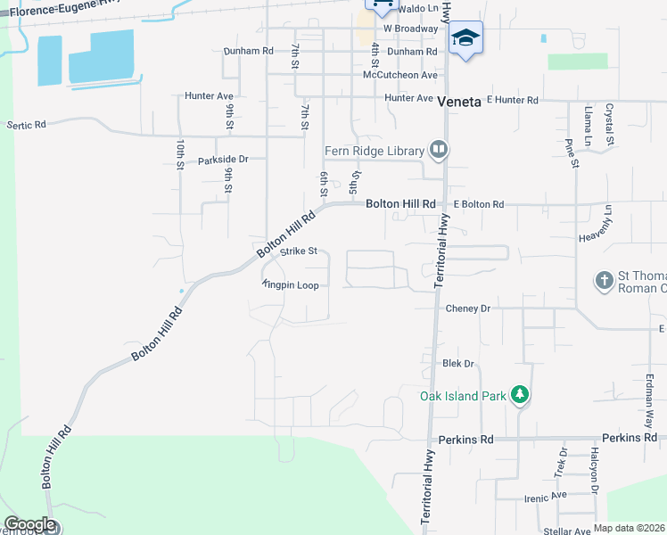 map of restaurants, bars, coffee shops, grocery stores, and more near 24913 Strike Street in Veneta