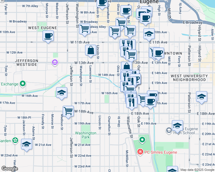 map of restaurants, bars, coffee shops, grocery stores, and more near 1528 Charnelton Street in Eugene