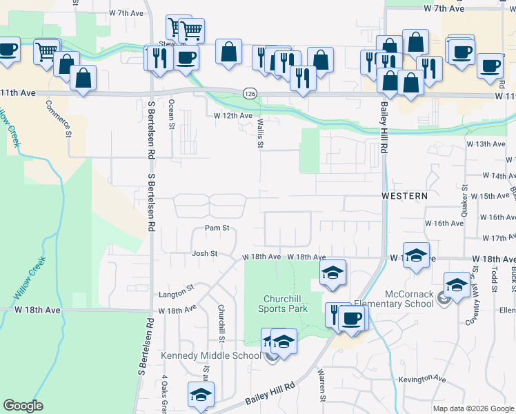 map of restaurants, bars, coffee shops, grocery stores, and more near 3794 Peppertree Drive in Eugene