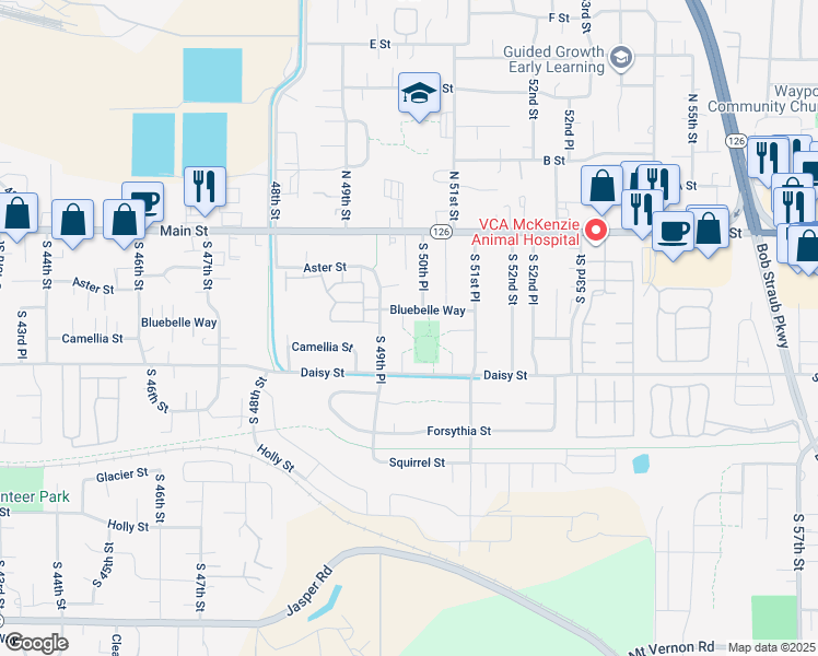 map of restaurants, bars, coffee shops, grocery stores, and more near 4939 Bluebelle Way in Springfield