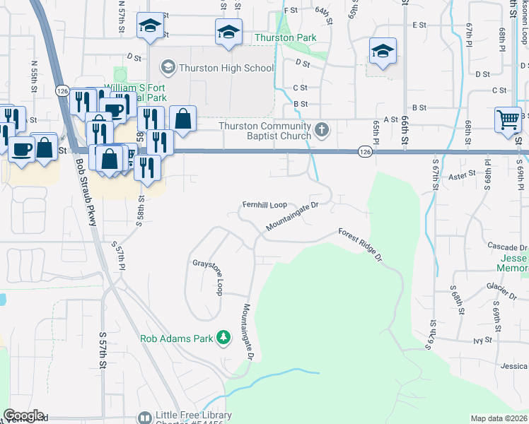 map of restaurants, bars, coffee shops, grocery stores, and more near 6193 Fernhill Loop in Springfield