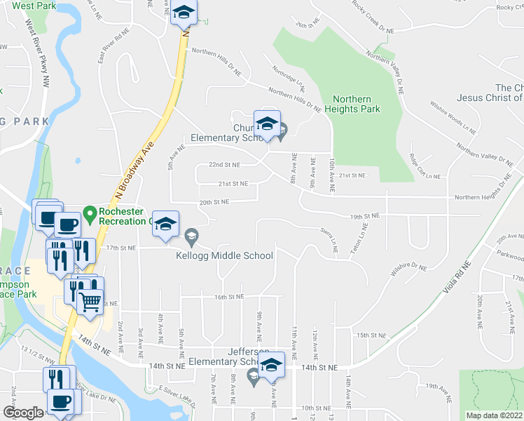 map of restaurants, bars, coffee shops, grocery stores, and more near 809 Sierra Lane Northeast in Rochester