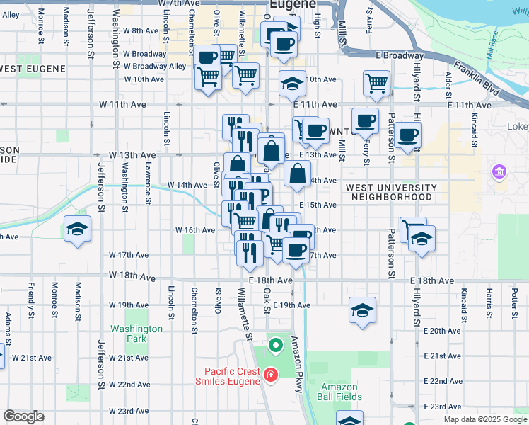 map of restaurants, bars, coffee shops, grocery stores, and more near 1530 Oak Street in Eugene