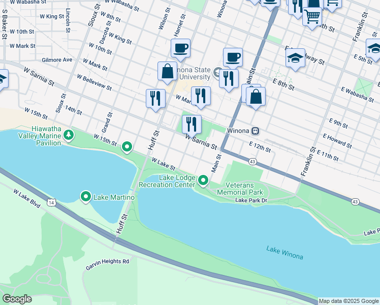 map of restaurants, bars, coffee shops, grocery stores, and more near 174 14th Street in Winona