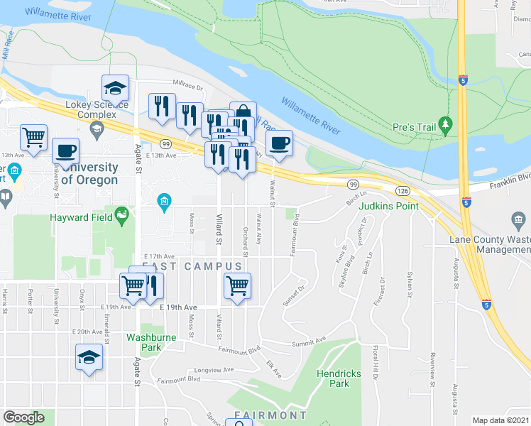 map of restaurants, bars, coffee shops, grocery stores, and more near 1517 Walnut Street in Eugene
