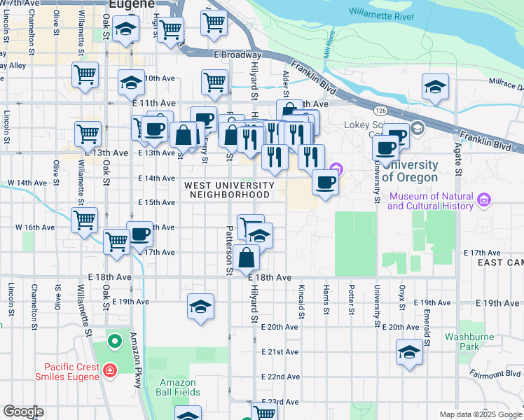 map of restaurants, bars, coffee shops, grocery stores, and more near 758 East 15th Avenue in Eugene