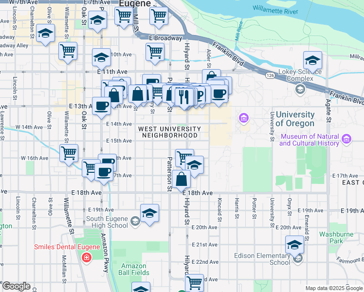map of restaurants, bars, coffee shops, grocery stores, and more near 1526 Hilyard Street in Eugene