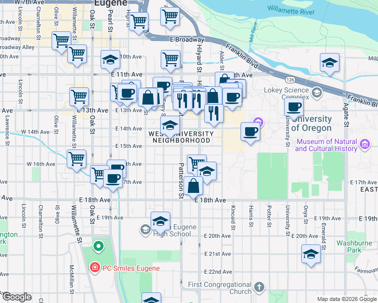 map of restaurants, bars, coffee shops, grocery stores, and more near 1526 Hilyard Street in Eugene