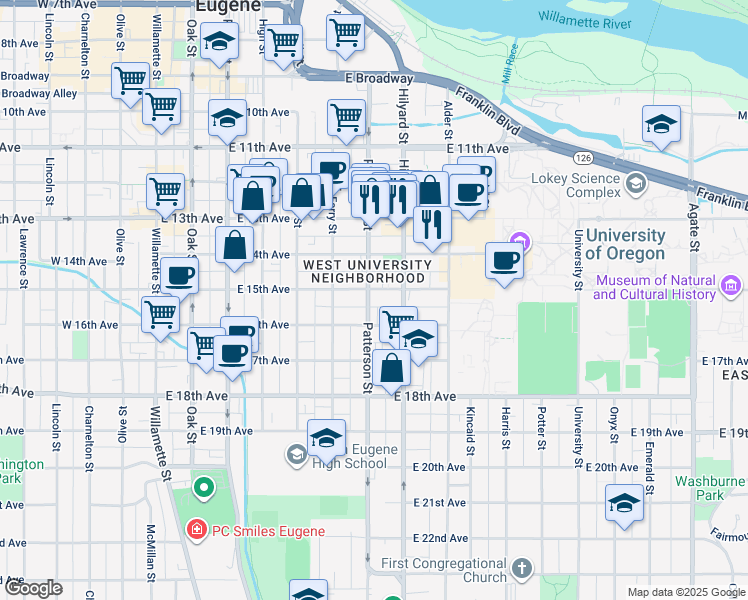 map of restaurants, bars, coffee shops, grocery stores, and more near 1544 Patterson Street in Eugene