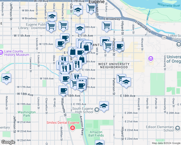 map of restaurants, bars, coffee shops, grocery stores, and more near 1530 High Street in Eugene