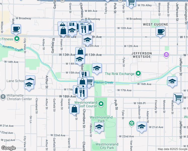map of restaurants, bars, coffee shops, grocery stores, and more near W 15th Ave in Eugene
