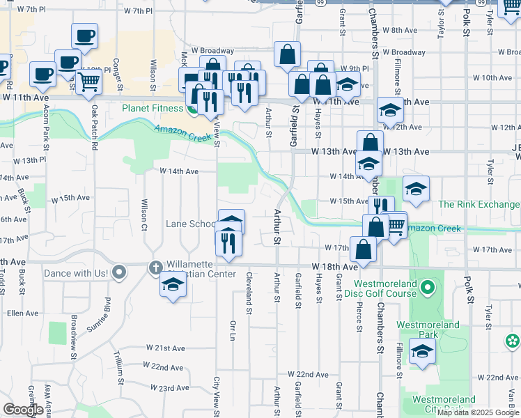 map of restaurants, bars, coffee shops, grocery stores, and more near 2111 West 16th Court in Eugene