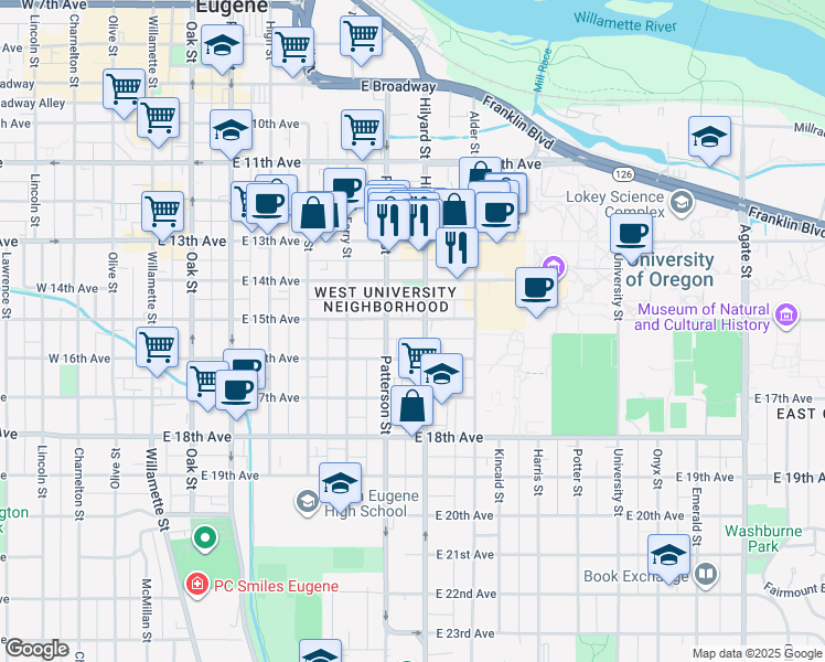 map of restaurants, bars, coffee shops, grocery stores, and more near 1526 Hilyard Street in Eugene