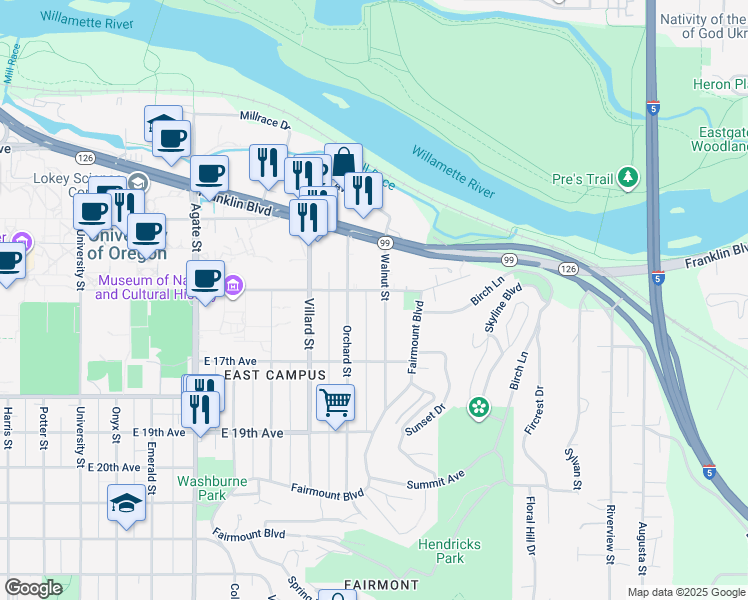 map of restaurants, bars, coffee shops, grocery stores, and more near 2050 East 15th Avenue in Eugene