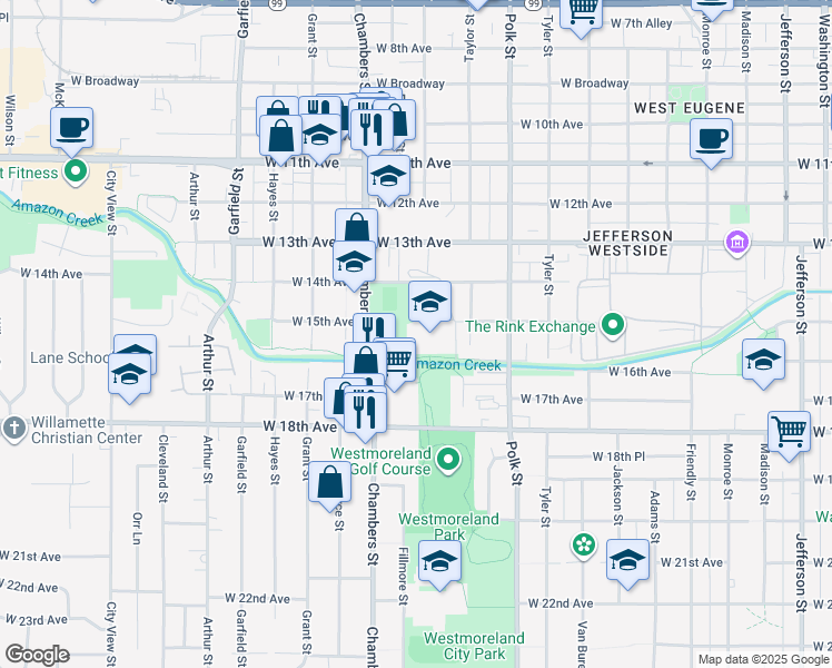 map of restaurants, bars, coffee shops, grocery stores, and more near 1510 West 14th Avenue in Eugene