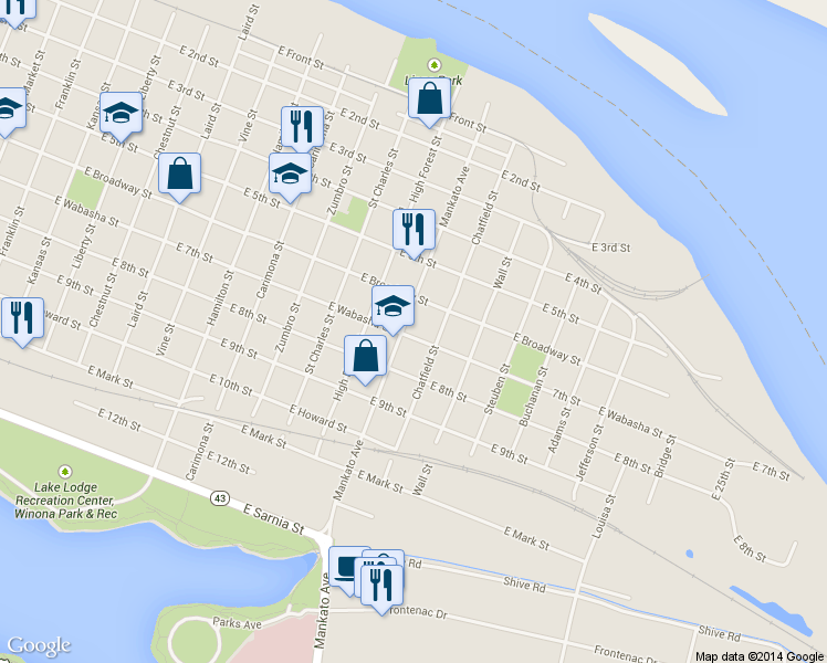 map of restaurants, bars, coffee shops, grocery stores, and more near 326 Mankato Avenue in Winona