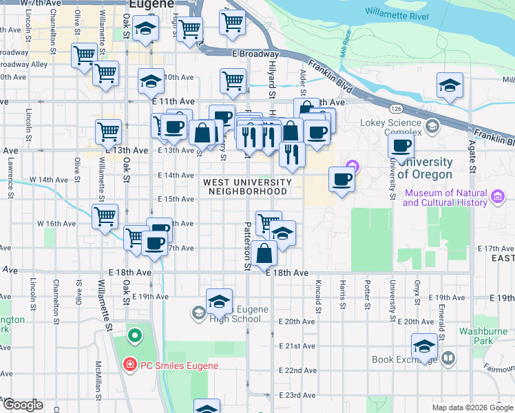 map of restaurants, bars, coffee shops, grocery stores, and more near 1526 Hilyard Street in Eugene