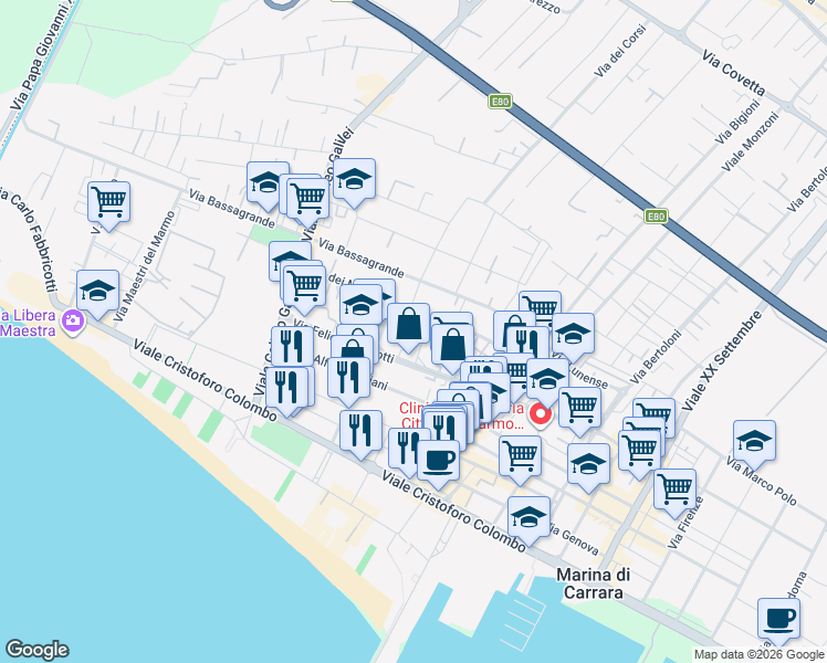 map of restaurants, bars, coffee shops, grocery stores, and more near 81 Via dei Mille in Marina di Carrara