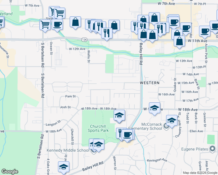 map of restaurants, bars, coffee shops, grocery stores, and more near 3772 Peppertree Drive in Eugene