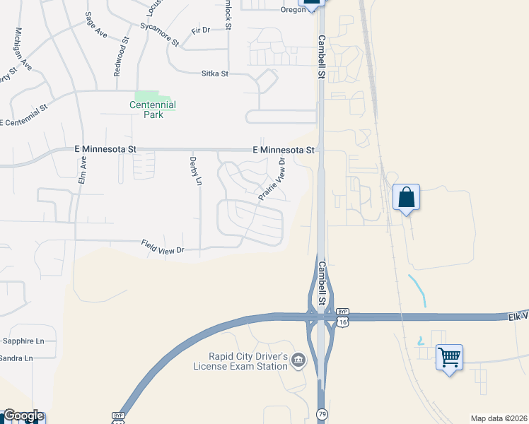 map of restaurants, bars, coffee shops, grocery stores, and more near 1215 Range View Circle in Rapid City