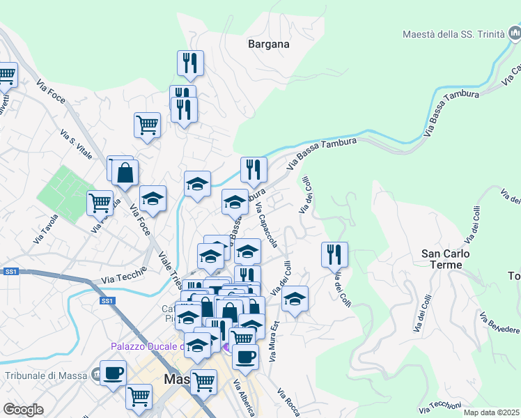 map of restaurants, bars, coffee shops, grocery stores, and more near 72 Via Capaccola in Massa