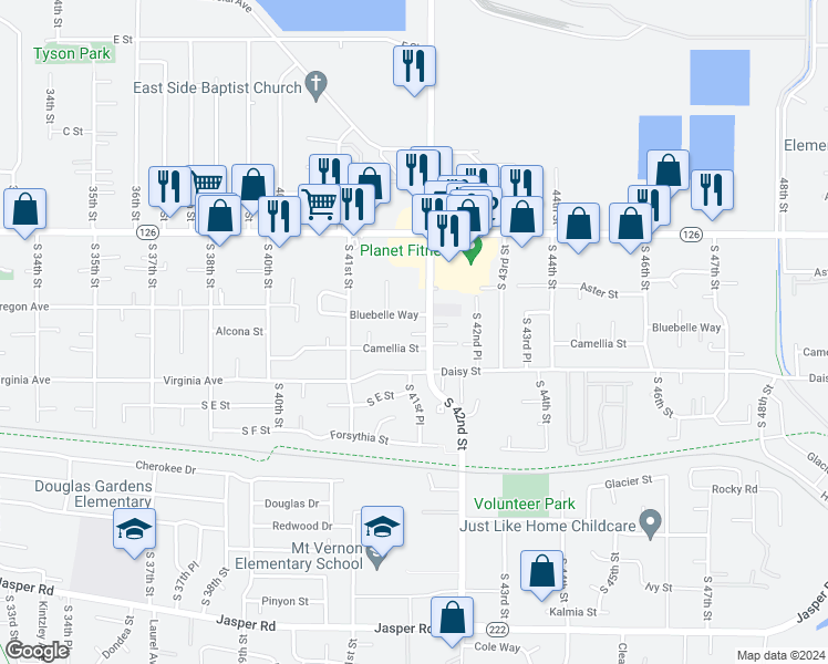 map of restaurants, bars, coffee shops, grocery stores, and more near 374 South 42nd Street in Springfield