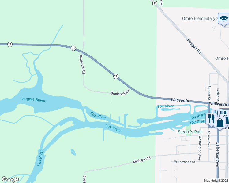 map of restaurants, bars, coffee shops, grocery stores, and more near 1169 Broderick Road in Omro