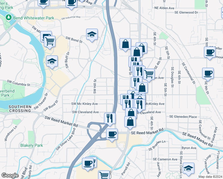 map of restaurants, bars, coffee shops, grocery stores, and more near 784 Southwest Pelton Place in Bend