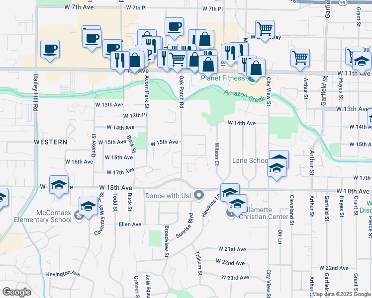 map of restaurants, bars, coffee shops, grocery stores, and more near 1621 Oak Patch Road in Eugene