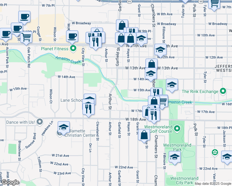 map of restaurants, bars, coffee shops, grocery stores, and more near 1569 Garfield Place in Eugene