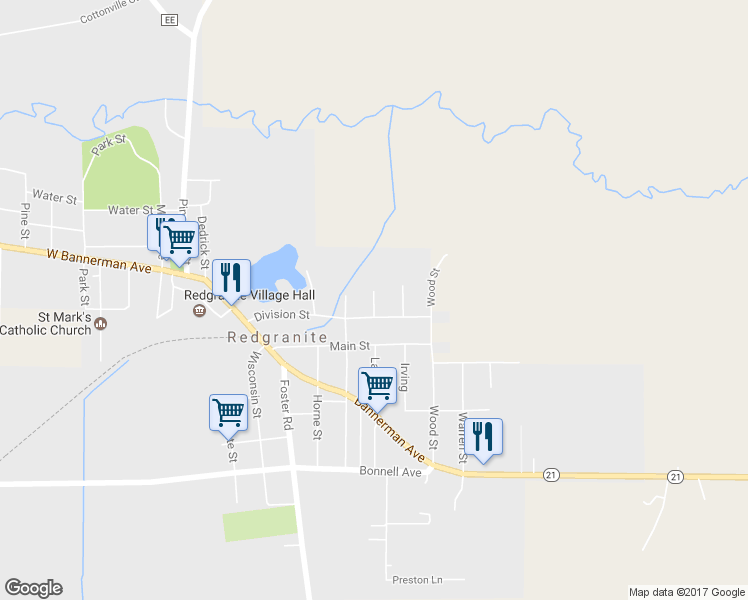 map of restaurants, bars, coffee shops, grocery stores, and more near 109 Washington Street in Redgranite