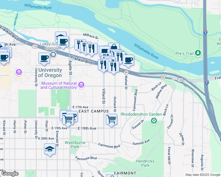 map of restaurants, bars, coffee shops, grocery stores, and more near 1956 East 15th Avenue in Eugene