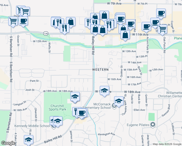 map of restaurants, bars, coffee shops, grocery stores, and more near 1550 Bailey Hill Road in Eugene