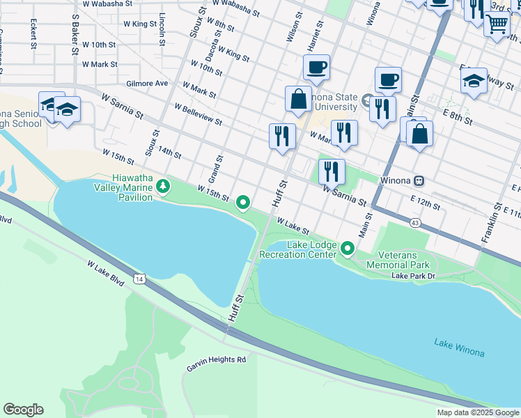 map of restaurants, bars, coffee shops, grocery stores, and more near 314 West Lake Street in Winona