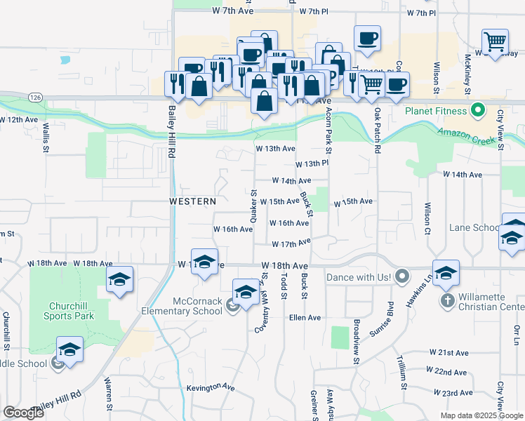 map of restaurants, bars, coffee shops, grocery stores, and more near 1518 Brittany Street in Eugene