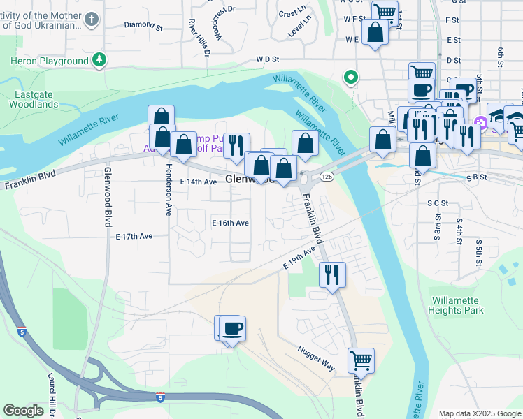 map of restaurants, bars, coffee shops, grocery stores, and more near 1530 Brooklyn Street in Eugene